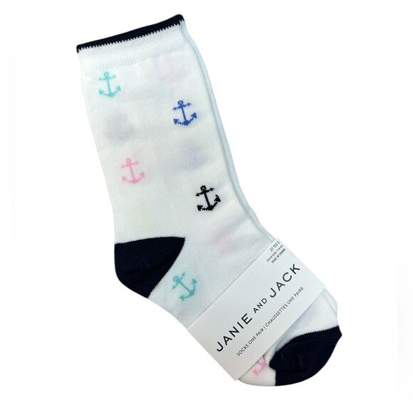 Janie and Jack Nautical Navy and White Pastel Anchor Knit Socks Kids NWT 2T-3 - Picture 1 of 5